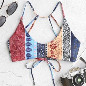 ZAFUL Bohemian Flower Paisley Strappy Bikini Top Multicolor